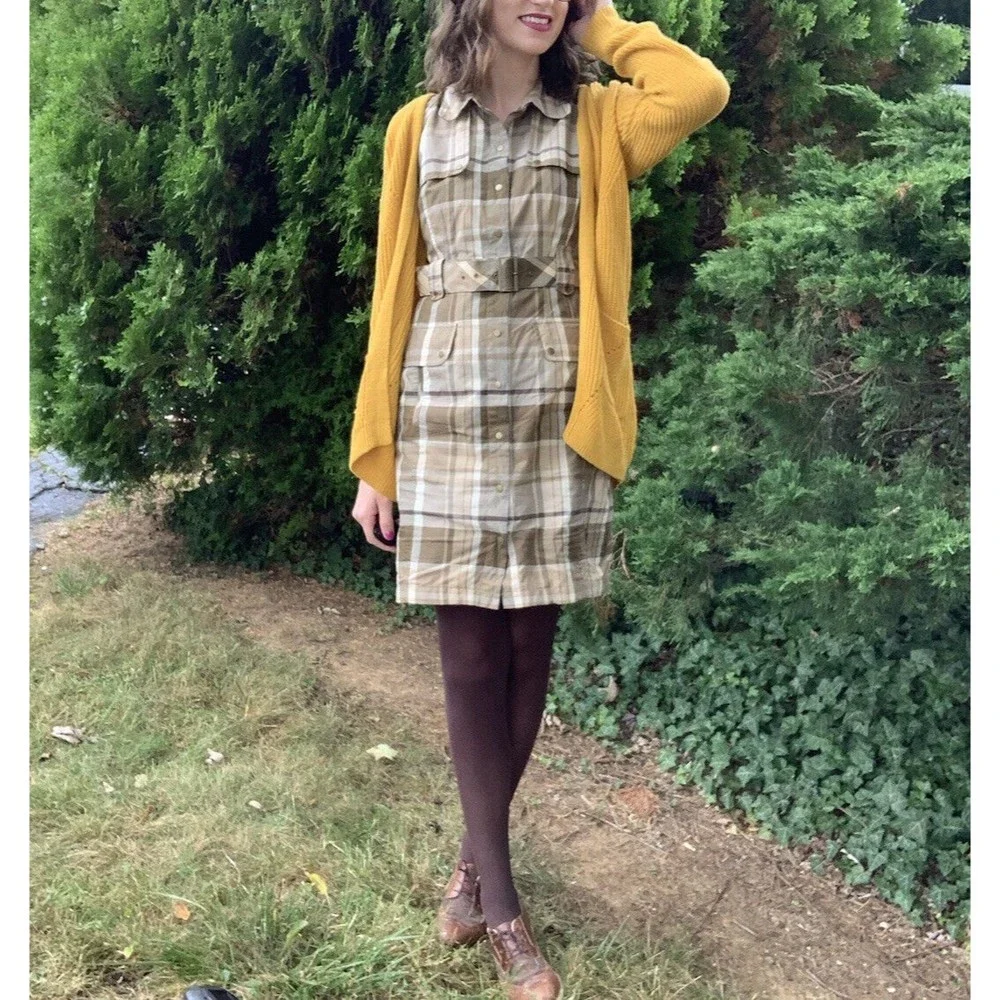 Vintage Talbots Button Front Shirt Dress Career Classic Plaid Green Fall 8P